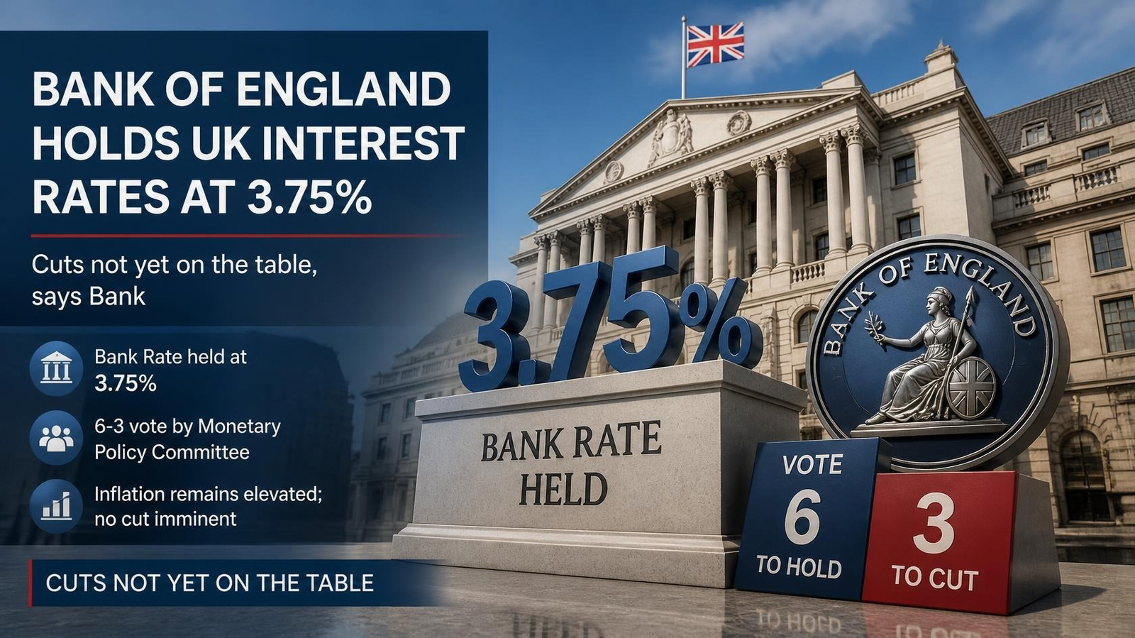 Bank of England holds UK interest rates at 3.75% in 6-3 vote — cuts not yet on the table